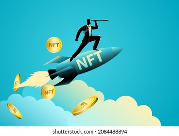 Vector illustration of a businessman on a NFT rocket using a telescope, startup and forecast concept