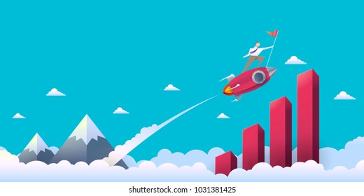 Vector Illustration of a Businessman on Rocket Soaring from a Clouds to Graph of Success with Paper Style.