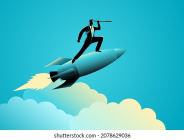 Vector illustration of a businessman on a rocket using a telescope, startup and forecast concept