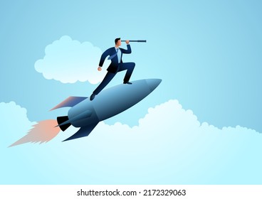 Vector illustration of a businessman on a rocket using a telescope, startup and forecast concept