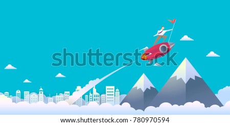 Vector illustration of businessman on rocket soaring out of the clouds. To reach the highest peak on a blue sky background above the city below, with paper style.