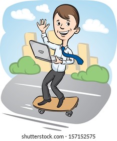 Vector illustration of businessman on skateboard with laptop computer. Easy-edit layered vector EPS10 file scalable to any size without quality loss. High resolution raster JPG file is included.