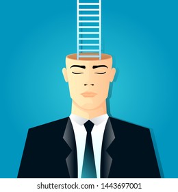 vector illustration of a businessman with open head with ladder. describe think out of the box, open mind, and brainstorming. business concept illustration