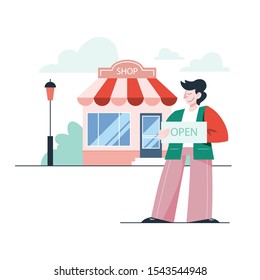 Vector illustration of businessman opening a store. Concept of owning a shop, becoming an owner, retail and commercial property.