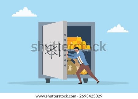 Vector illustration of a businessman opening a vault full of gold bars and money bags, representing wealth, financial success, investment, and business prosperity
