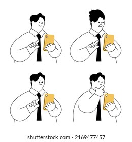 Vector illustration of a businessman operating a mobile phone. Various emotions.