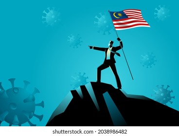 Imagen vectorial de un hombre de negocios posicionado de forma optimista en una montaña con la bandera de Malasia. Optimismo durante la pandemia