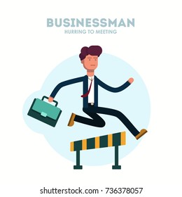 Vector illustration of businessman overcoming challenges like steeplechaser.