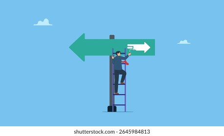 Vector illustration of businessman businessman paint opposite direction arrow on arrow sign. Change to opposite direction, business decision to change for better opportunity, career path concept.