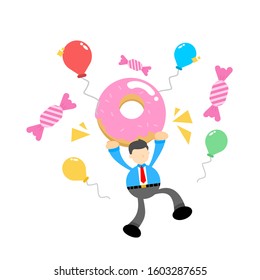 vector illustration businessman and pink sweet doughnut candy beverage flat design cartoon style