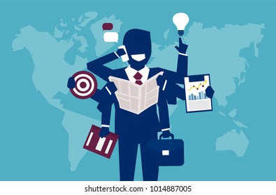 Vector illustration of businessman with plenty of hands managing to complete all goals. 