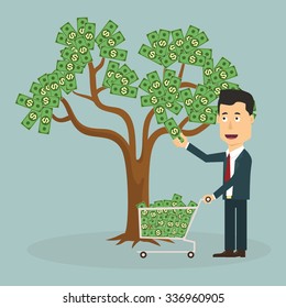 Vector illustration of businessman plucking money from tree. Collecting profit after a deal (deposit) with bank. Adding and stacking up savings by good investment.