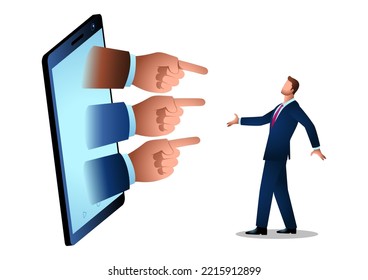 Vector illustration of businessman pointed by giant fingers comes out of cellphone, cancel culture, social media, blame