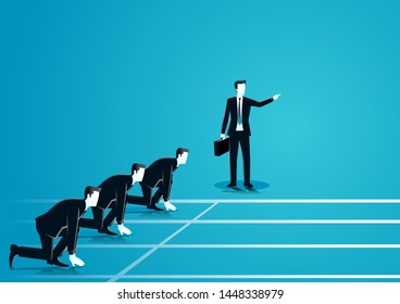 vector illustration of  businessman with pointed hand ordering his subordinate to start running. describe starting career, compete, move, obstacle, and faster. business concept illustration