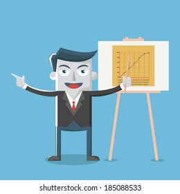 Vector illustration of businessman pointing at presentation boar