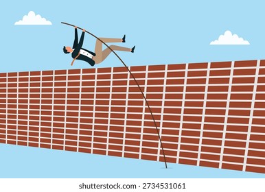Vector illustration of a businessman pole vaulting over a brick wall symbolizing overcoming obstacles challenges success growth and determination in business

