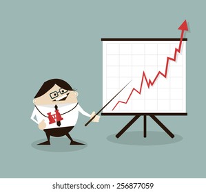 Vector illustration Businessman and positive graph,businessman proudly present growing business statistics and profit. Business concept.  