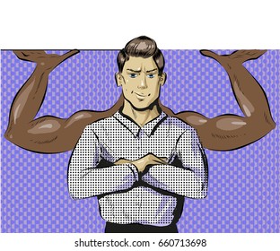 Vector illustration of businessman with power gesture or man dreaming about strong muscular body. Retro pop art comic style.