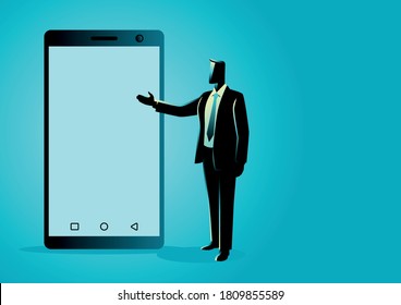 Vector illustration of businessman presenting a blank screen smart phone