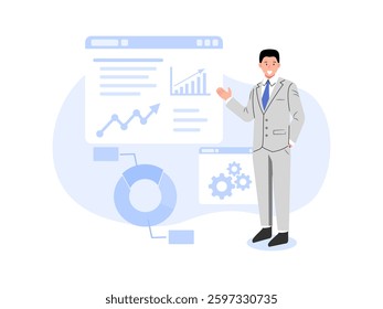 A vector illustration of a businessman presenting data and charts, symbolizing business growth and analysis.