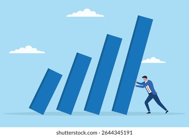 Ilustração vetorial de um homem de negócios impedindo a queda de um gráfico de barras, simbolizando a determinação de interromper o declínio, manter a estabilidade e salvaguardar o crescimento dos negócios em tempos difíceis
