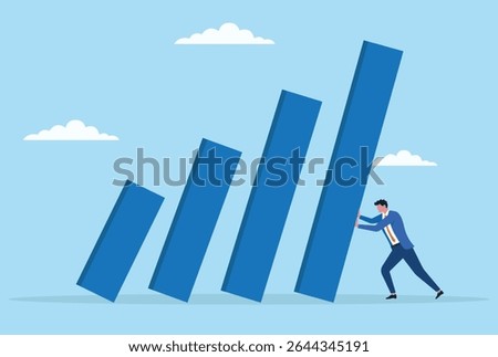 Vector illustration of a businessman preventing a bar graph from falling, symbolizing determination to halt decline, maintain stability, and safeguard business growth in tough times
