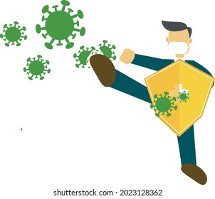 vector illustration of a businessman protecting himself with a kick and shield form the corona virus