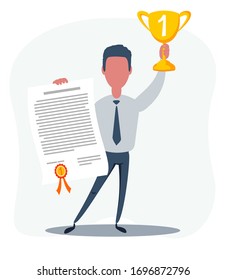 Vector illustration of businessman proudly standing and holding up winning trophy and showing an award certificate. Flat style