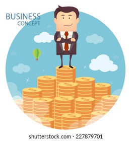 Vector illustration of businessman proudly standing on the huge money staircase. Flat style business concept