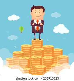 Vector illustration of businessman proudly standing on the huge money staircase. Flat style business concept