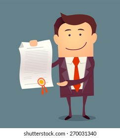 Vector illustration of businessman proudly standing and showing a diploma. Flat style