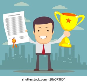 Vector illustration of businessman proudly standing holding up winning trophy and showing an award certificate. Flat style