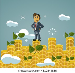 Vector illustration of businessman proudly standing on the huge money staircase. Flat style business concept