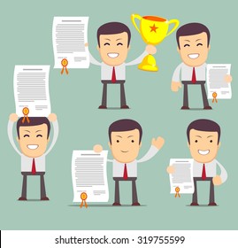 Vector illustration of businessman proudly standing holding up winning trophy and showing an award certificate. Flat style. Stock Vector illustration Set