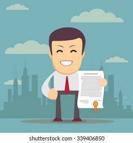 Vector illustration of businessman proudly standing and showing a diploma. Flat style