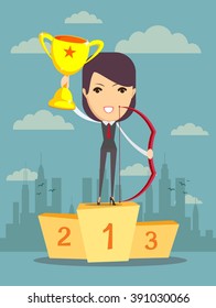 Vector illustration of businessman proudly standing on the winning podium holding up winning trophy and bow. Flat style