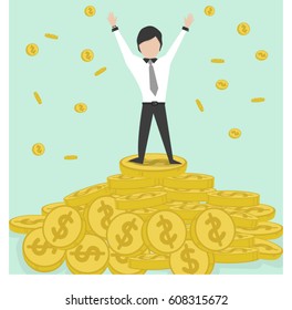 Vector illustration of businessman proudly standing on the huge money staircase. Flat style business concept