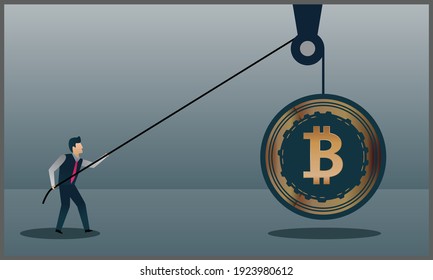 ilustración vectorial del empresario tirando bitcoin, símbolo de estrategia y dinero digital. Eps 10