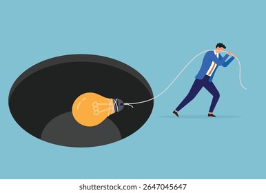 Vector illustration of a businessman pulling a bulb out of a dark hole with a rope, representing the effort to retrieve and illuminate innovative ideas from difficult or uncertain situations
