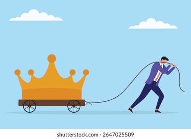 Ilustração vetorial de um homem de negócios puxando uma grande coroa em um carrinho com uma corda, simbolizando ambição, carga de liderança e o trabalho árduo necessário para alcançar poder e sucesso

