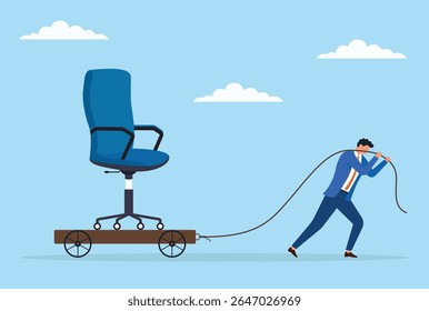 Ilustração vetorial de um homem de negócios puxando uma cadeira grande em um carrinho com uma corda, descrevendo o esforço para gerenciar cargas de trabalho pesadas e responsabilidades em um ambiente corporativo
