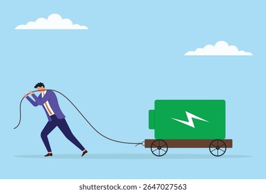 Ilustração vetorial de um homem de negócios puxando uma grande bateria em um carrinho com uma corda, simbolizando o esforço para aproveitar e transportar a energia essencial para impulsionar o sucesso dos negócios
