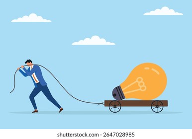 Ilustração vetorial de um homem de negócios puxando uma grande lâmpada em um carrinho com uma corda, representando o esforço para levar e implementar ideias inovadoras e soluções criativas nos negócios
