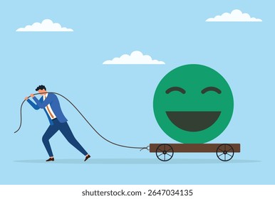 Ilustração vetorial de um empresário puxando um grande ícone feliz em um carrinho com uma corda, simbolizando o esforço para fornecer satisfação ao cliente e manter experiências positivas
