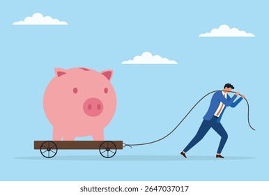 Ilustração vetorial de um homem de negócios puxando um grande mealheiro em um carrinho com uma corda, simbolizando o esforço e o compromisso necessários para aumentar as economias e garantir a estabilidade financeira
