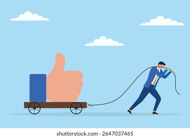 Ilustração vetorial de um empresário puxando um grande ícone em um carrinho com uma corda, representando o esforço para ganhar feedback positivo, aumentar a popularidade e melhorar a presença social
