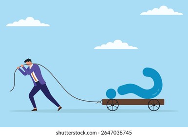 Vector illustration of a businessman pulling a large question mark on a trolley with a rope, symbolizing the effort to carry uncertainty, seek answers, and solve complex business challenges
