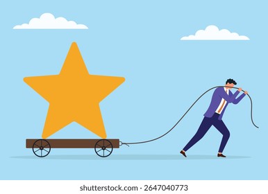 Ilustração vetorial de um homem de negócios puxando uma grande placa de estrela em um carrinho com uma corda, simbolizando o esforço para alcançar o reconhecimento, a excelência e construir uma forte reputação
