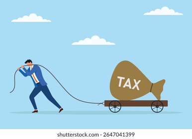 Ilustração vetorial de um homem de negócios puxando um grande saque de impostos em um carrinho com uma corda, simbolizando o pesado fardo das responsabilidades fiscais e o desafio da gestão financeira
