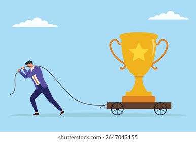 Vector illustration of a businessman pulling a large trophy on a trolley with a rope, symbolizing the hard work, determination, and persistence required to achieve success and recognition
